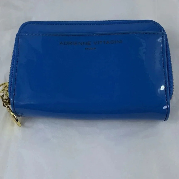 Adrienne Vittadini Bifold Blue Patent Leather with Gold Colored Zippers Wallet - Picture 2 of 14